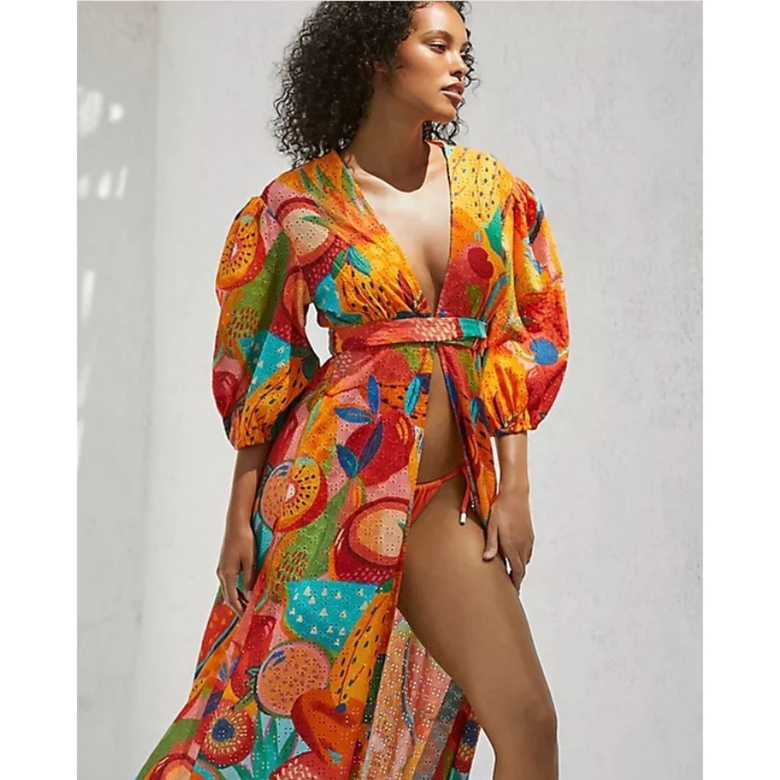New! Farm Rio Anthropologie Summery Salad Cover Up Wrap Dress Eyelet Fruit Sz S